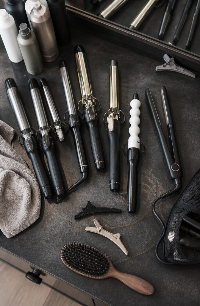 Curling irons clips mousse and texture sprays arranged for hair styling