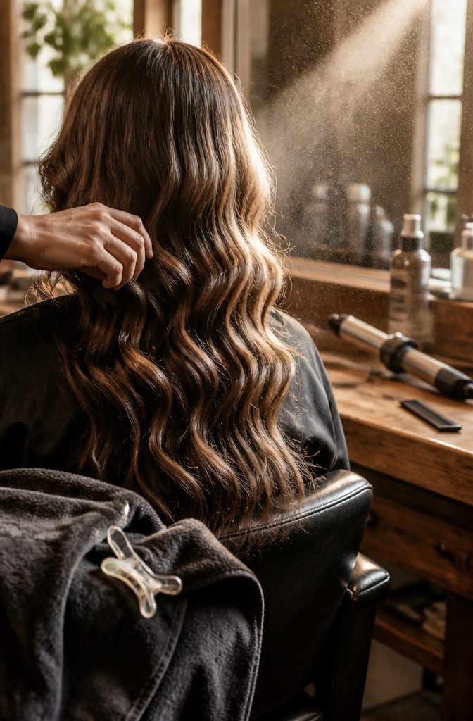 Curling iron wrapped around a wide hair section with straight ends
