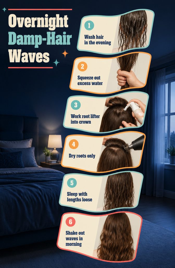 Loose damp hair with lifted dry roots for overnight waves