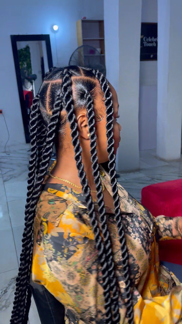 Long, thick black twists arranged in sections on a person indoors