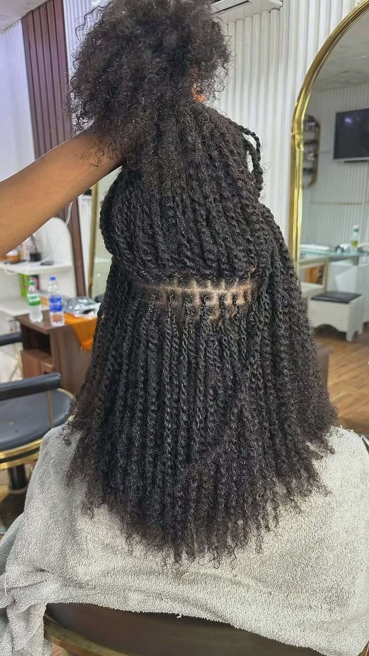 Long black kinky twists hang down a salon client's back