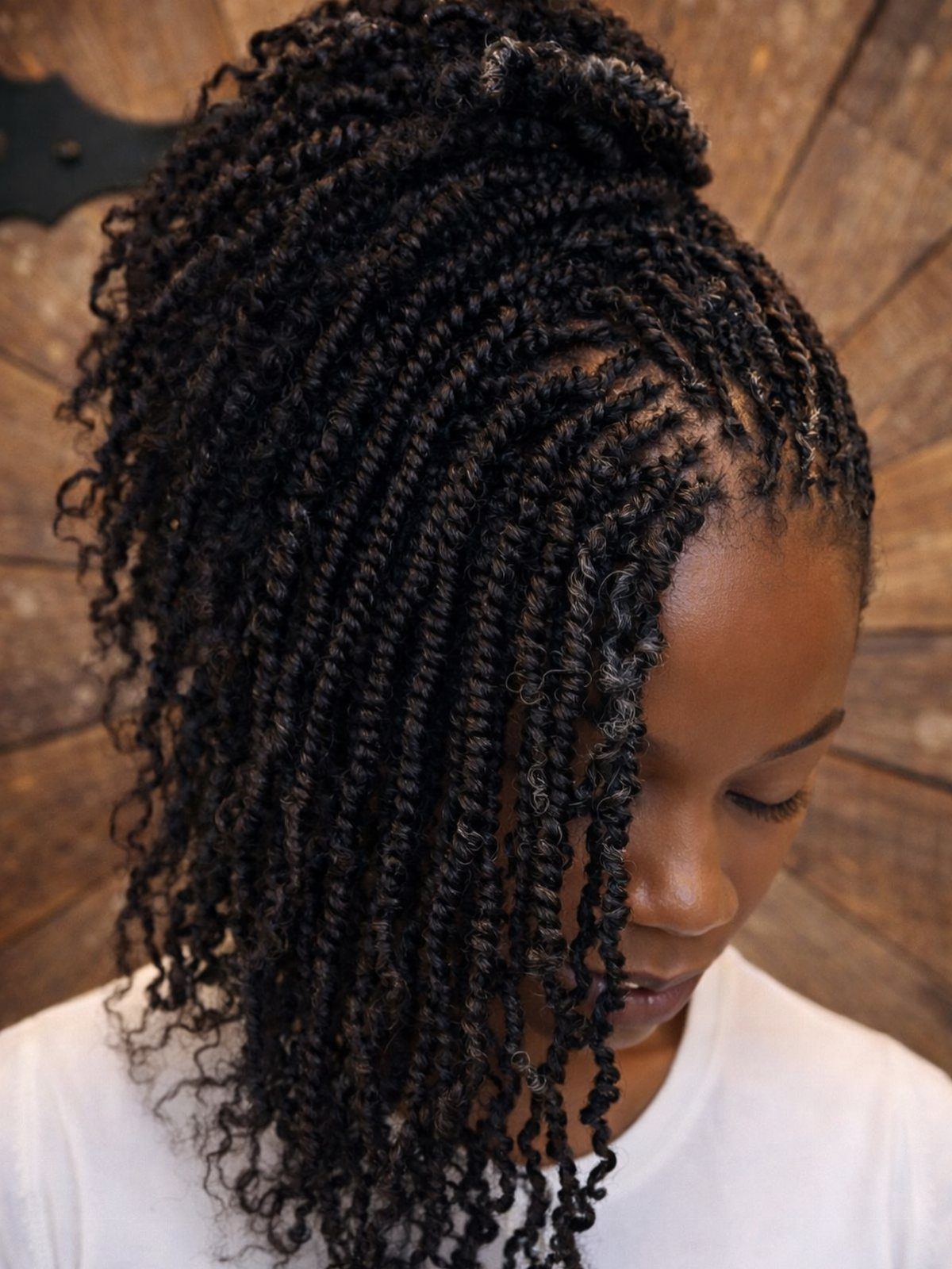 Curved mini twists with curly ends cascade beside a person's face.