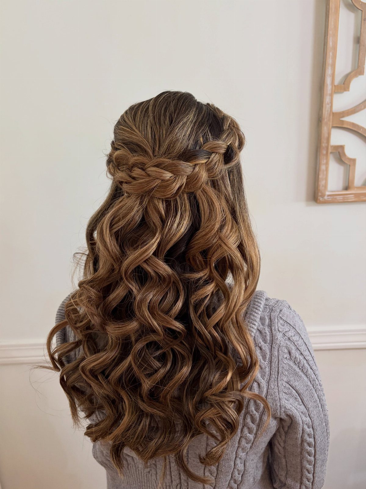 Braided crown across brown hair above long loose curls
