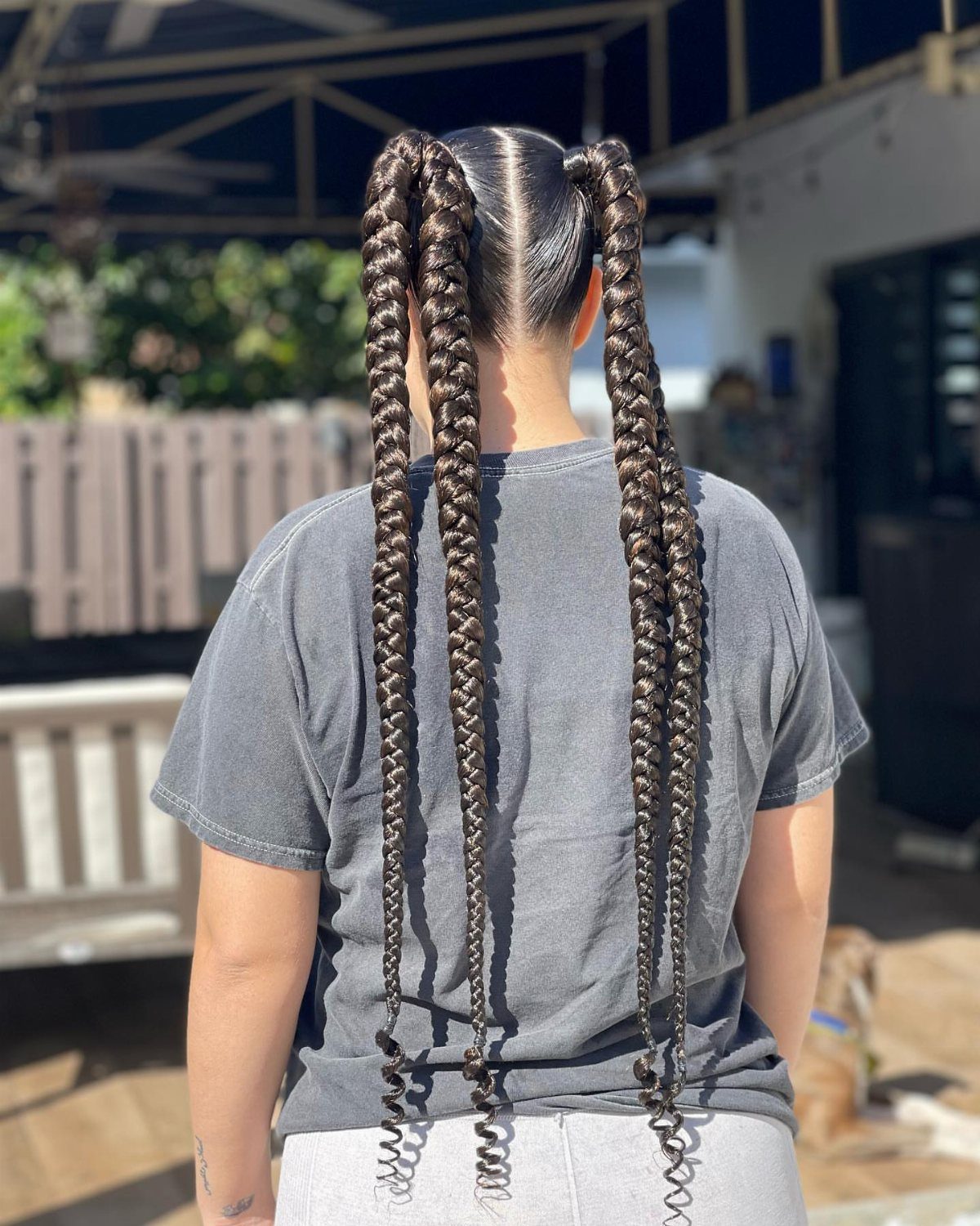 Two extra-long dark braids hang down the back of a person in a gray shirt
