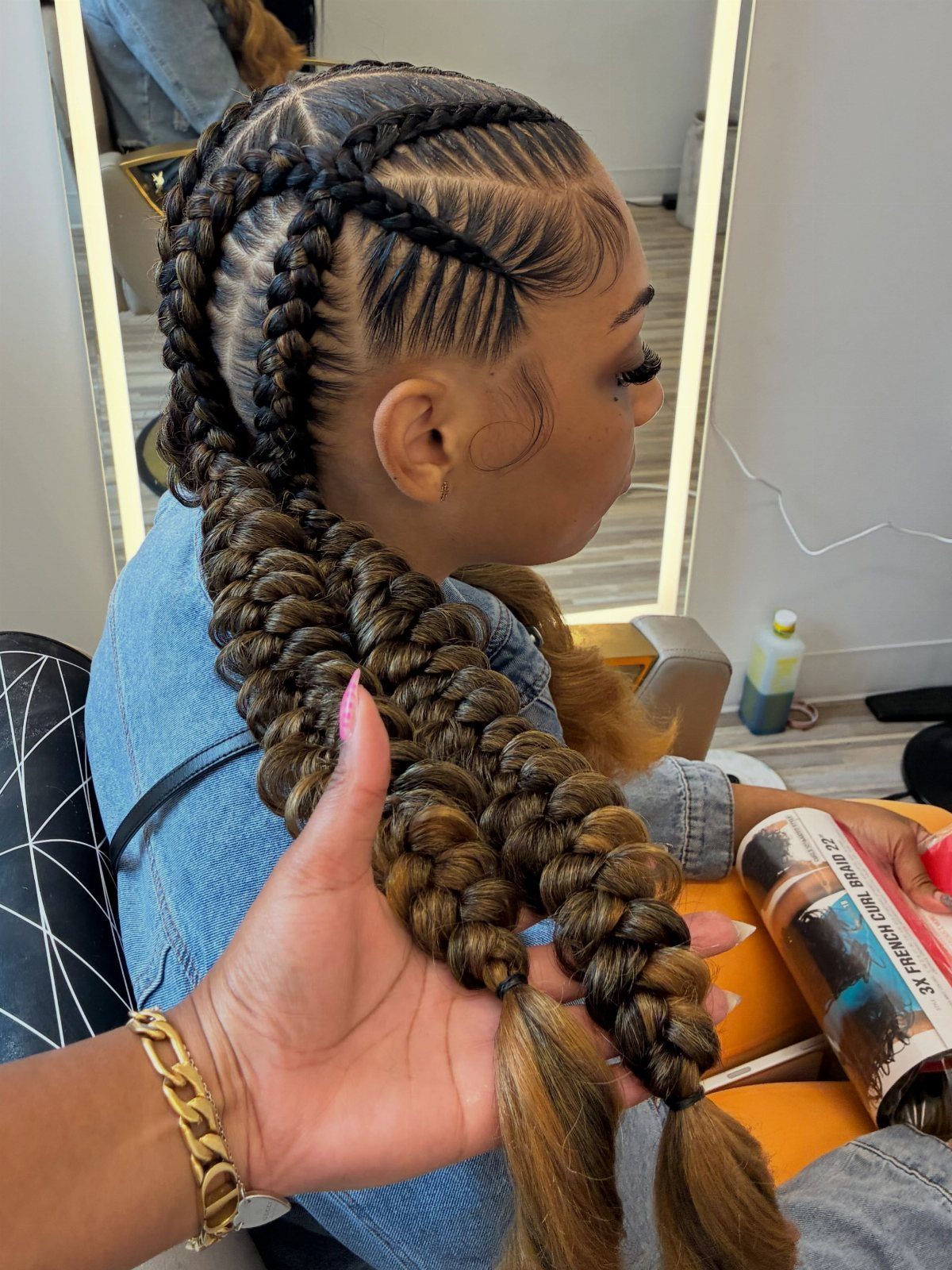 Braided hairstyle with cornrows joining into two thick braids