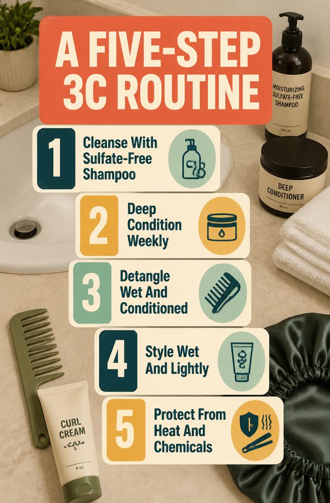 Five-step 3C hair routine information graphic with care steps