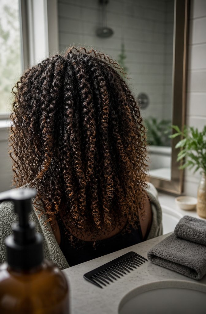 Dense 3C corkscrew curls with dull dry ends and glossy mid-lengths
