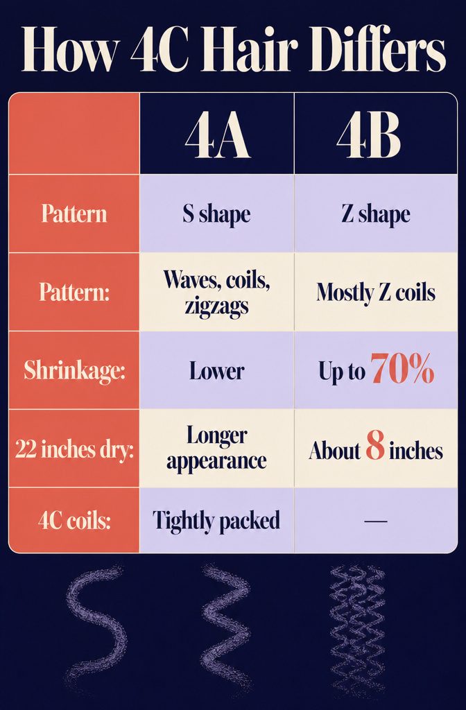 Graphic comparing Type 4A S curls Type 4B Z curls and Type 4C coils