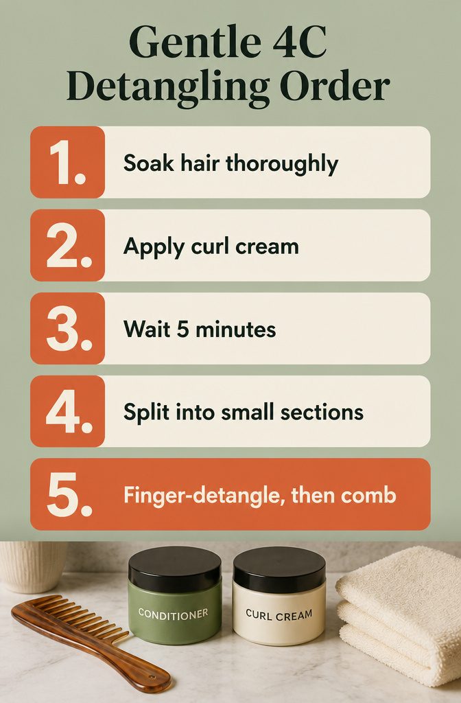 Graphic showing wet 4C detangling from ends toward roots