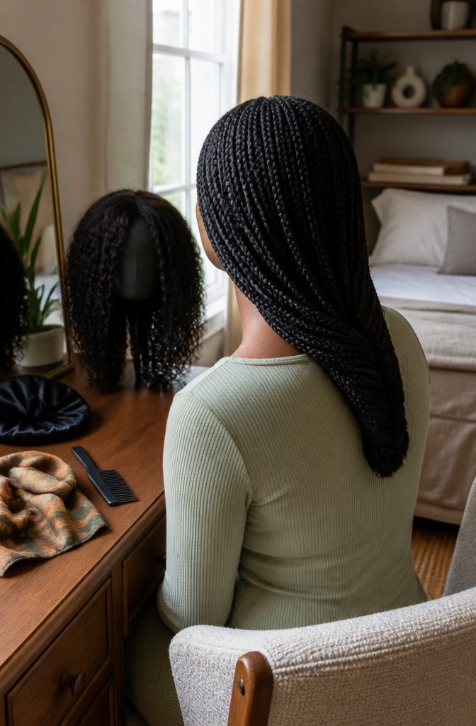 Long box braids beside a satin cap and half wig on a stand
