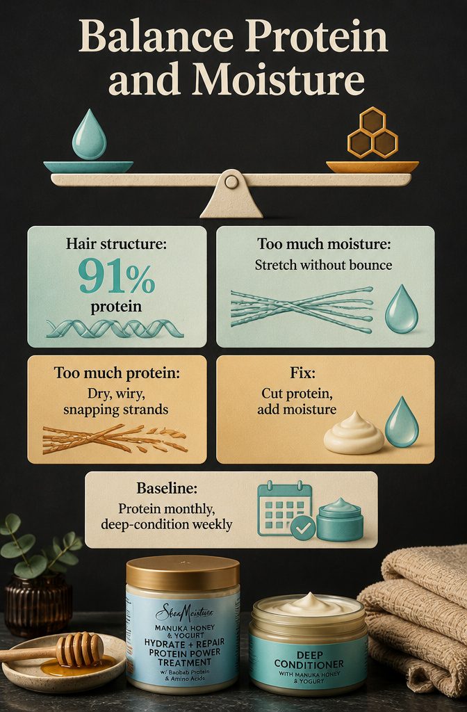 Graphic showing protein treatment and moisture care for coily hair