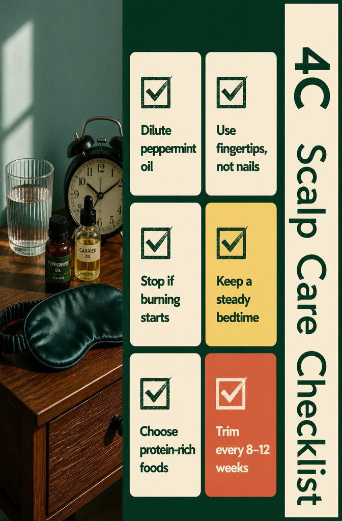 Graphic listing scalp massage sleep food and trimming for Type 4C hair