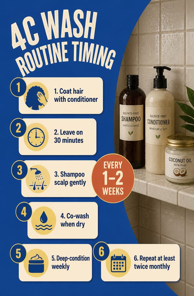 Graphic showing Type 4C wash routine with shampoo co-wash and deep conditioning