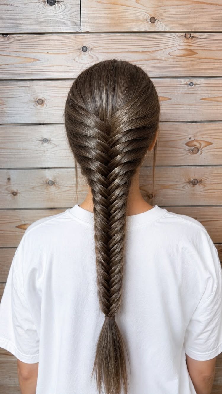 Long brown fishtail braid displayed down the back against rustic wooden planks
