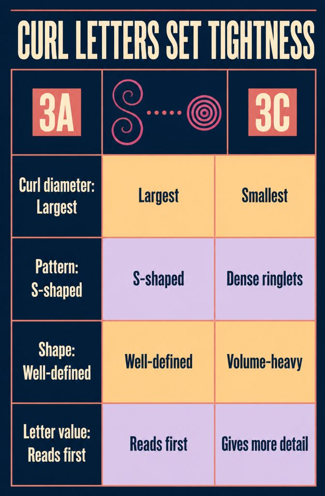 Curl pattern chart showing A B and C letters beside different curl sizes
