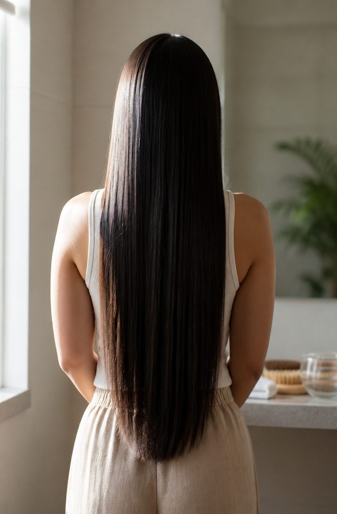 Straight hair with smooth strands falling without waves curls or coils