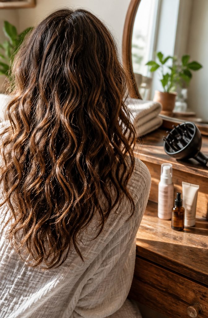 Wavy hair with loose S-shaped bends and deeper waves toward the ends