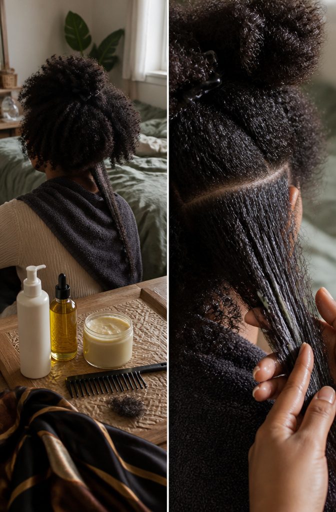 Coily hair with densely packed tight coils and visible shrinkage