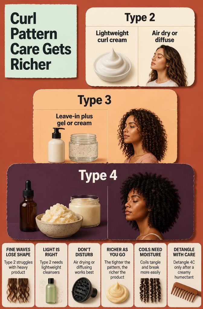 Hair care chart matching lightweight products to waves and richer products to coils