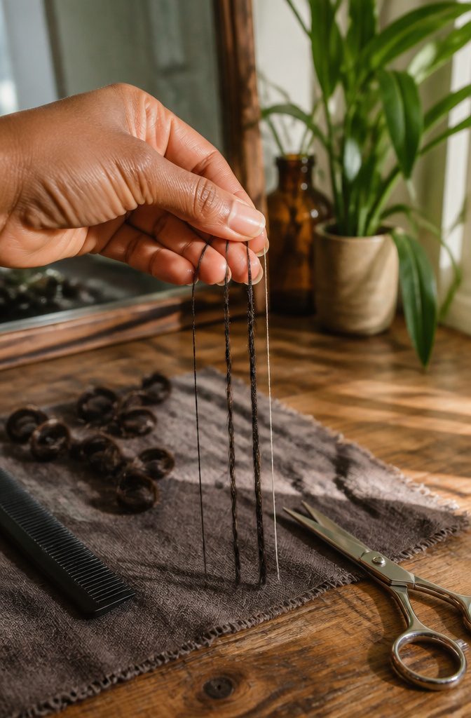 Three loose hair strands of different widths beside sewing thread