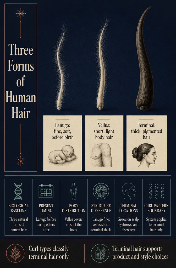 Diagram titled Three Forms of Human Hair with 3 hair types