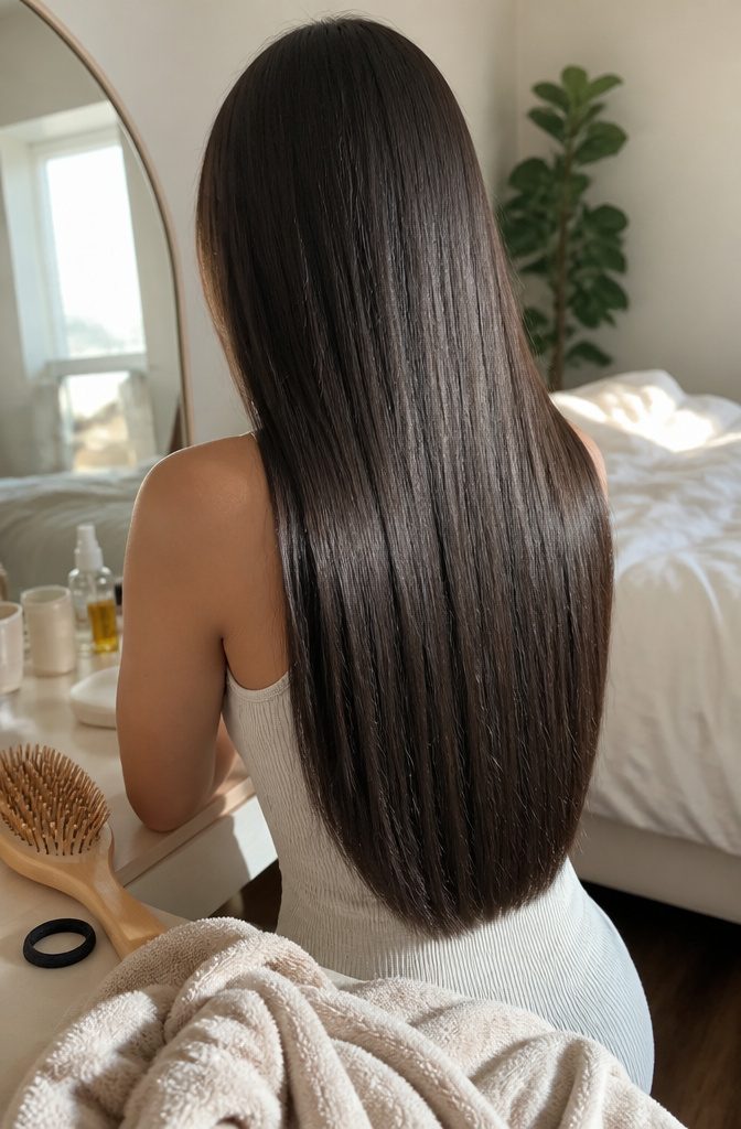 Straight hair falling smoothly from roots to ends