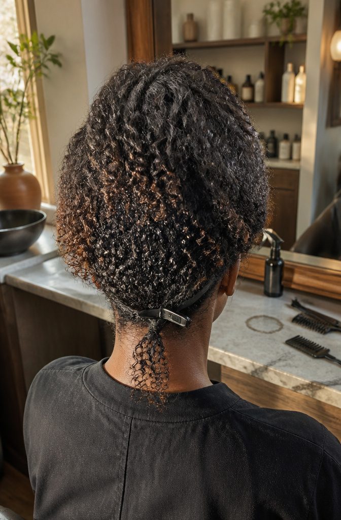 Hair viewed from behind with waves at crown curls in middle and coils at nape