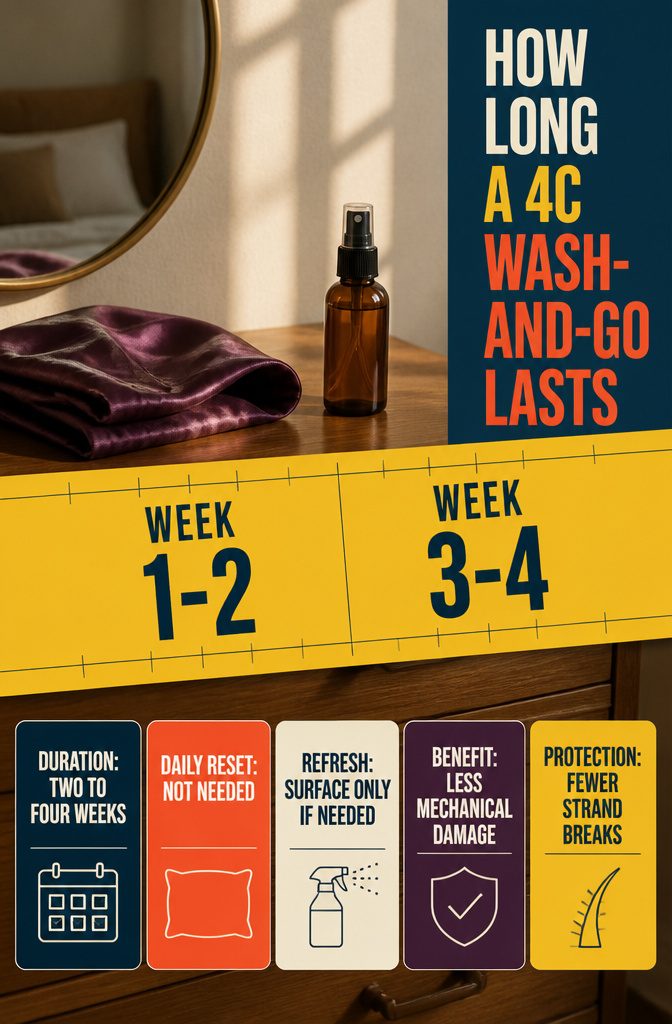 Beauty graphic titled How Long a 4C Wash-and-Go Lasts