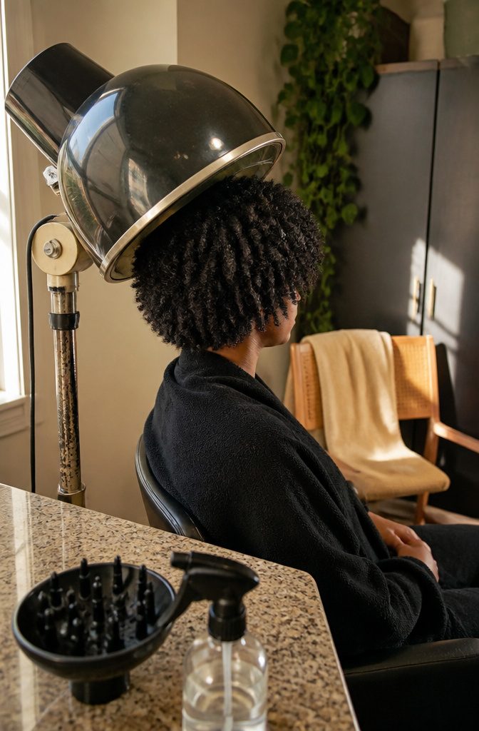 Woman beneath a hooded bonnet dryer with hands resting in her lap