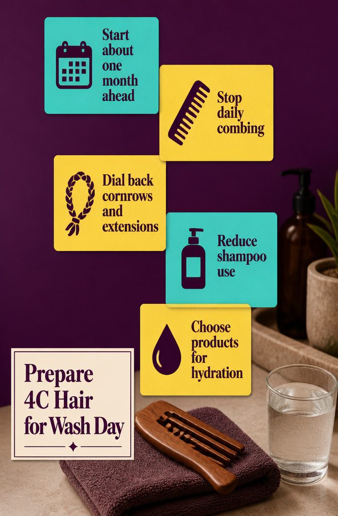 Beauty graphic titled Prepare 4C Hair for Wash Day