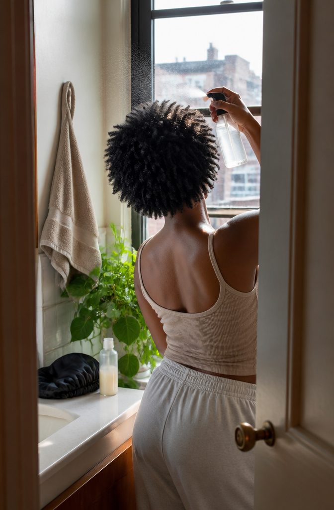 Woman spraying mist over 4c curls beside a bathroom window