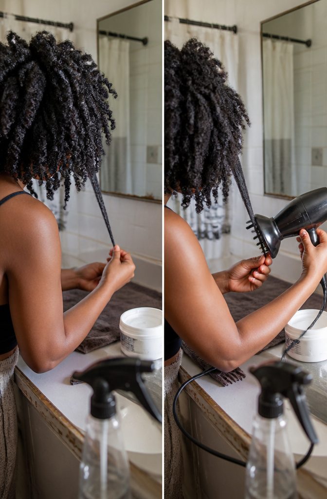 4c coils stretched with loose twists and a cool blow dryer