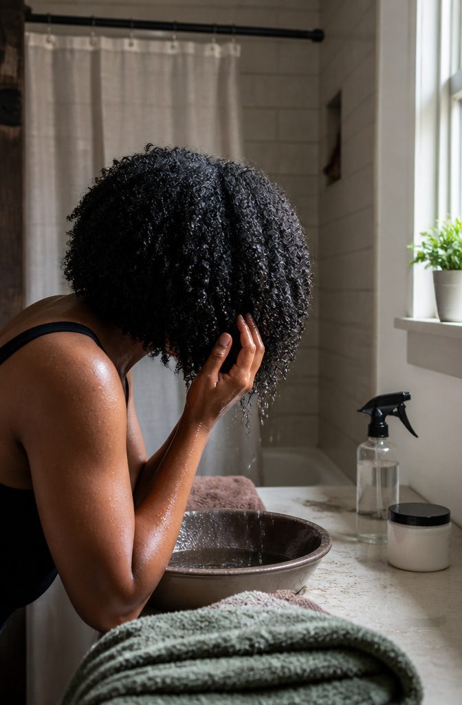 Woman applying product to dripping wet 4c coils over a basin