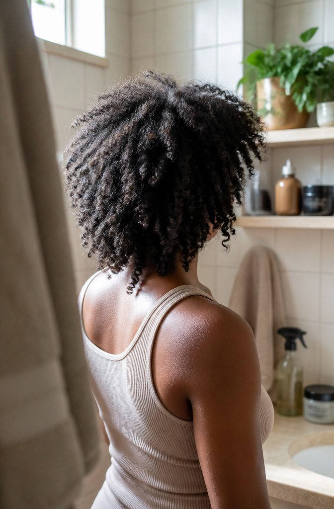 Woman with loose defined 4c coils shown from behind