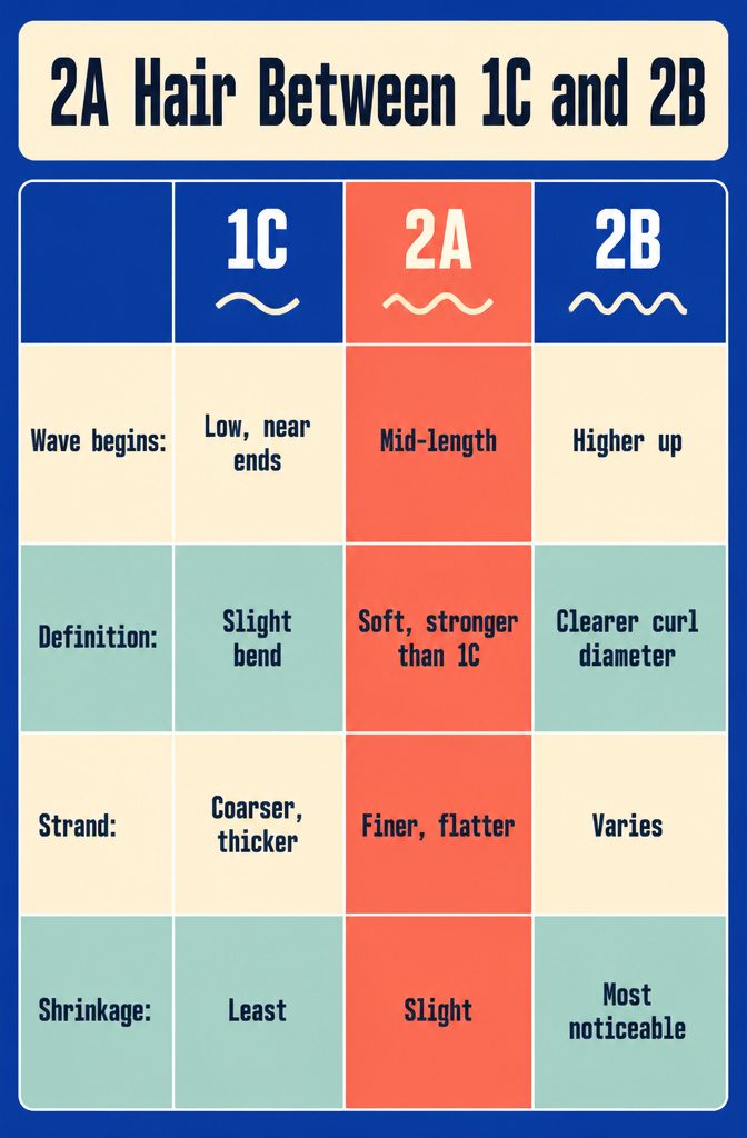 Hair chart comparing 1C, 2A, and 2B wave patterns and strand features