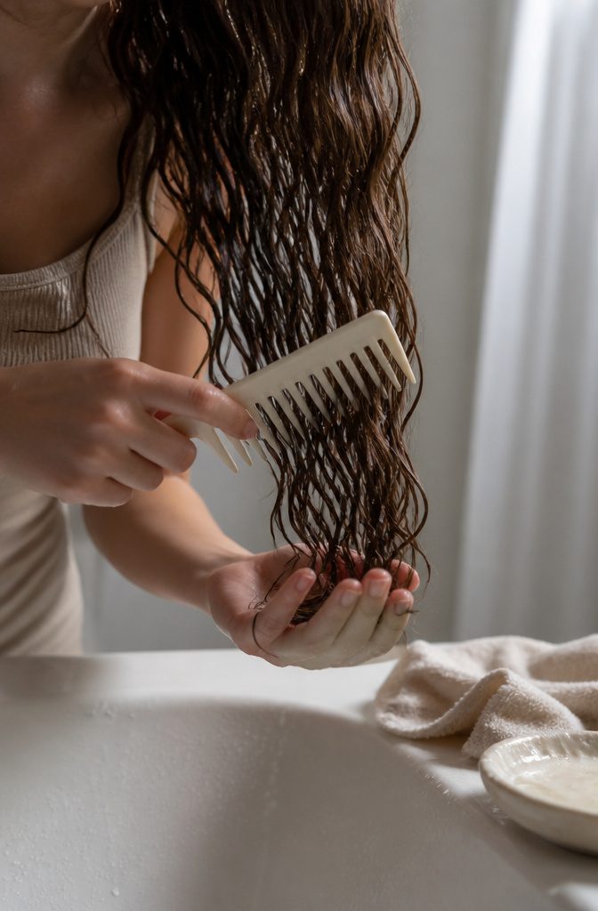 Wide-tooth comb detangling wet wavy hair with conditioner still in