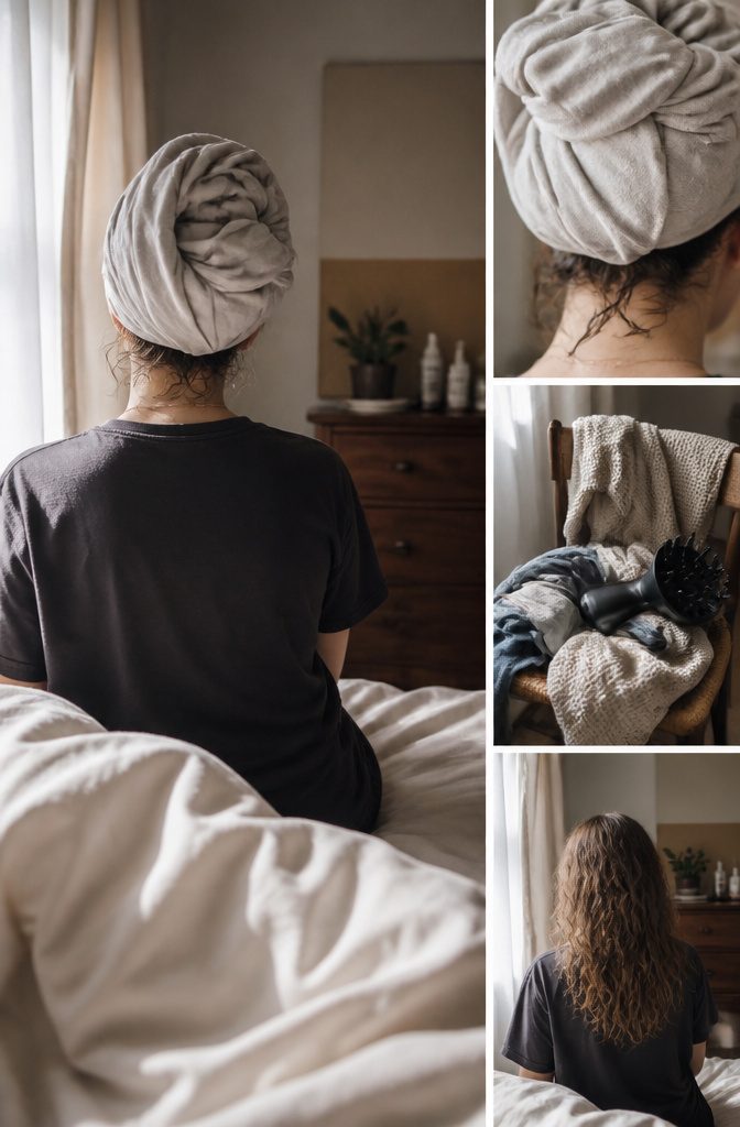 Wavy hair wrapped in a soft towel after styling products are applied