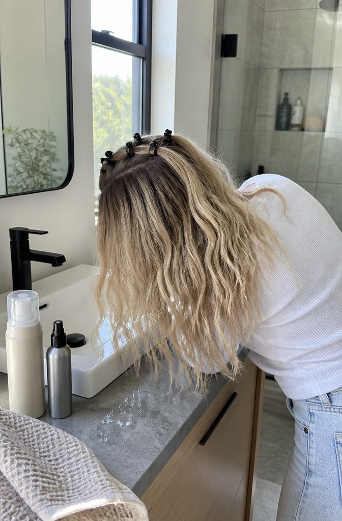 Small clips lifting fine hair roots above loose natural waves