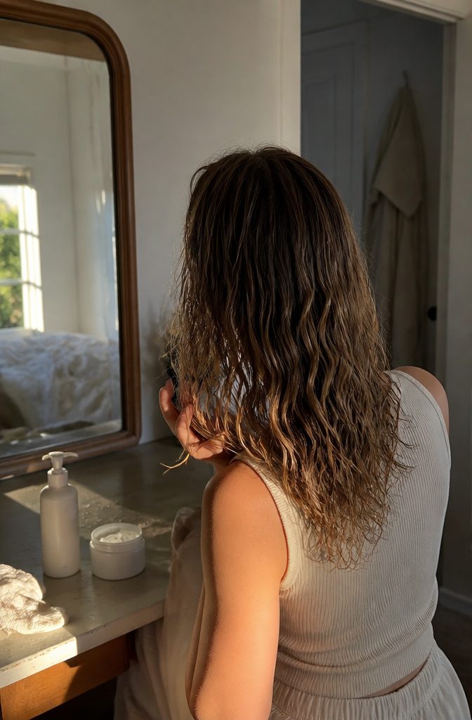 Damp 2A waves in soft clumps as a hand scrunches in mousse