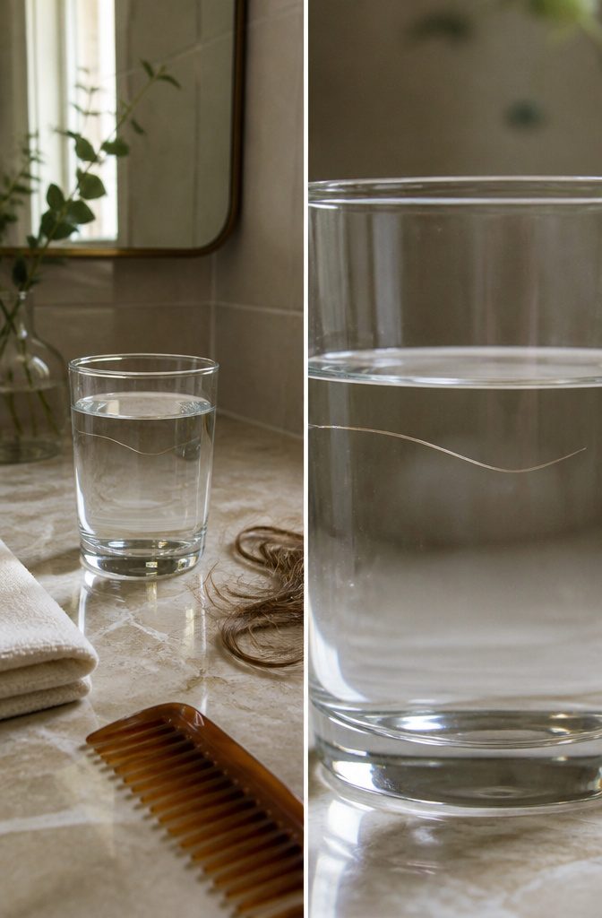 Single hair strand floating or sinking in a clear cup of water