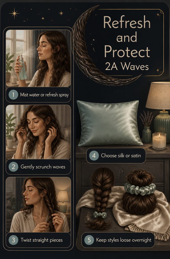 Loose braid and satin pillowcase arranged to protect wavy hair overnight