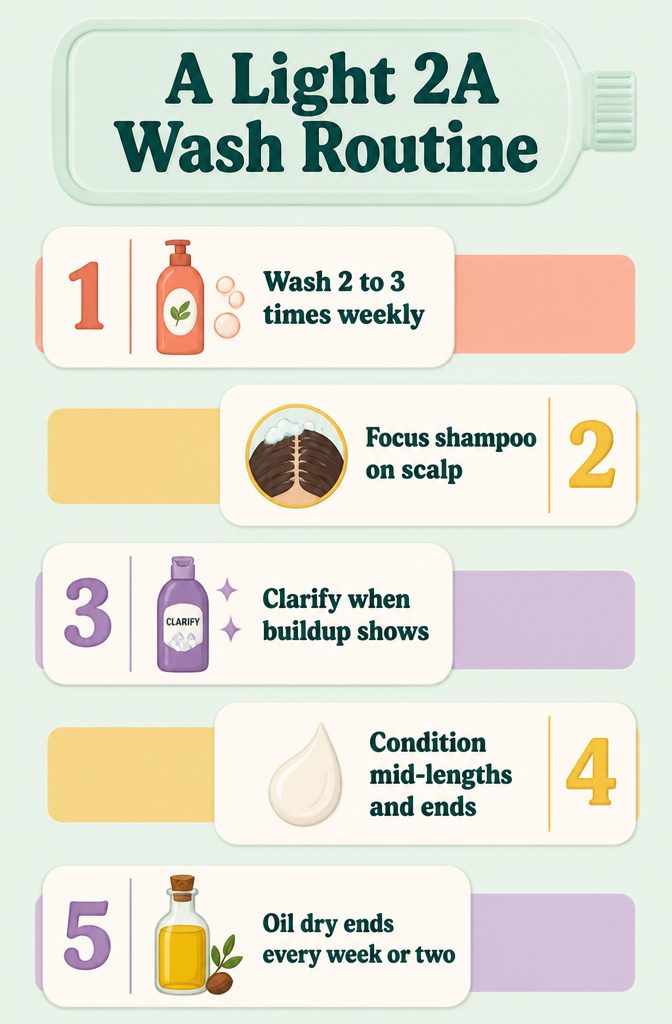 Hair wash routine diagram showing shampoo and conditioner applied to different areas