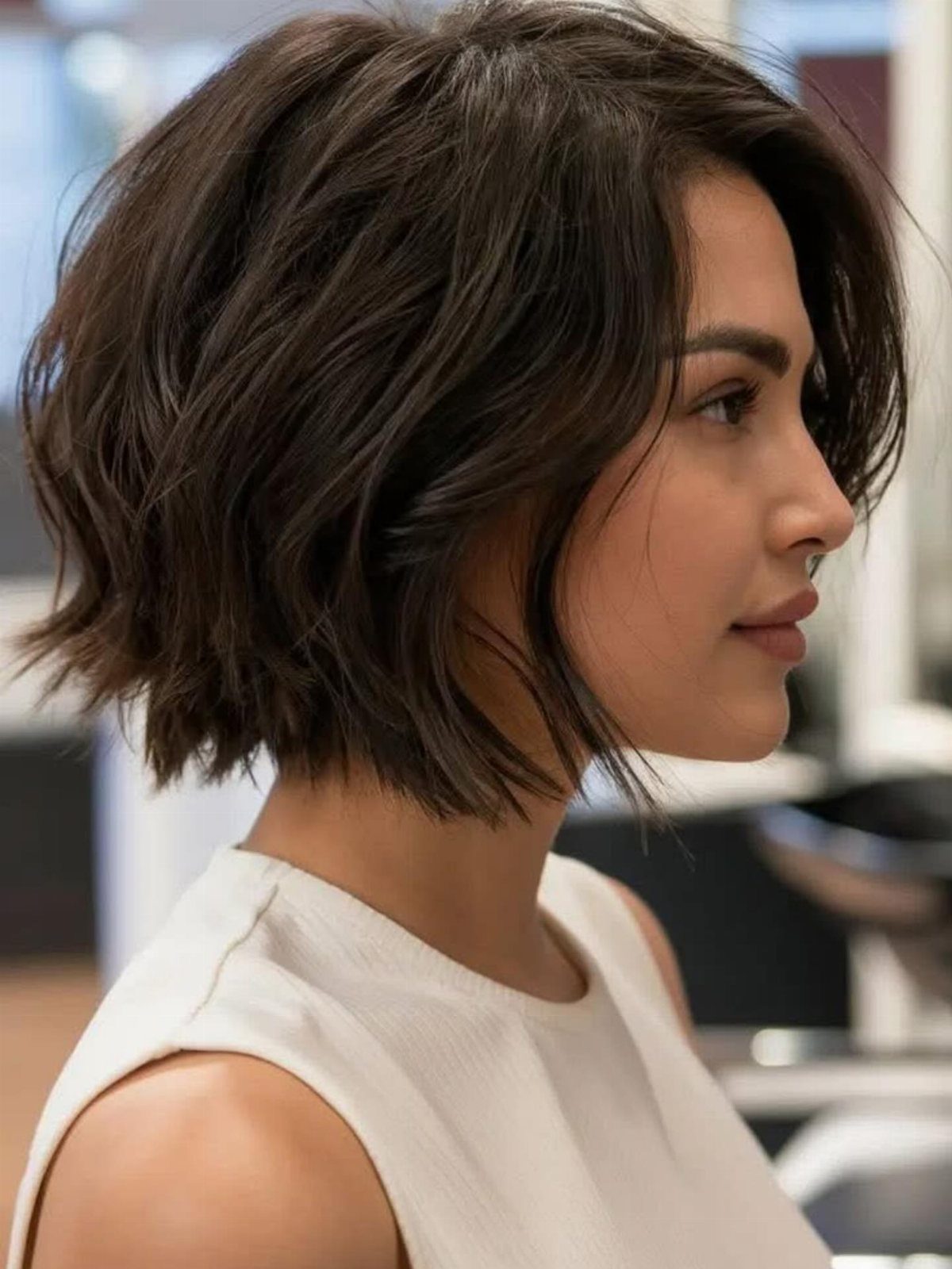 Woman showing a tousled, wavy chin-length bob with choppy layers