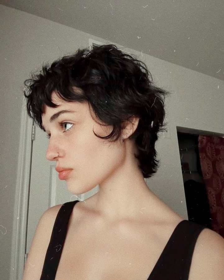 Short dark wavy pixie cut with tousled fringe, shown in profile indoors