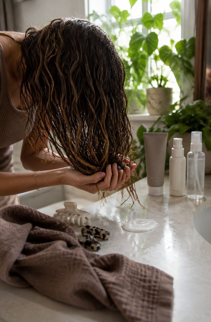 Hands scrunching styling product through damp wavy hair