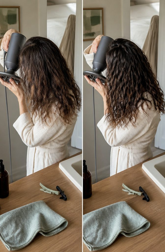 Diffuser drying damp wavy hair near the roots