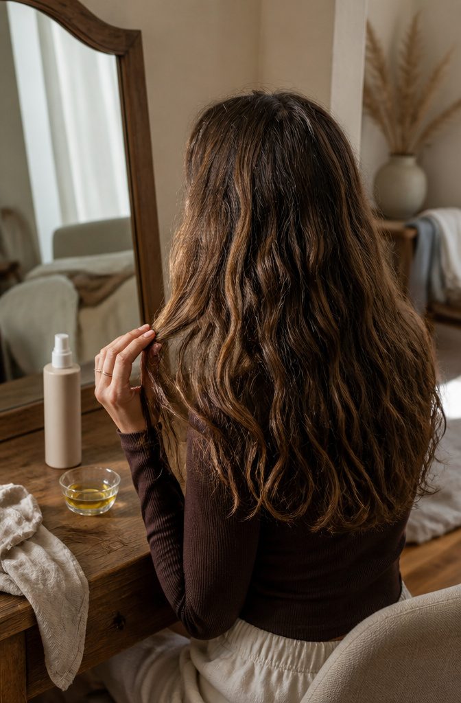 Dry waves separated by fingertips beside argan oil in glass dish
