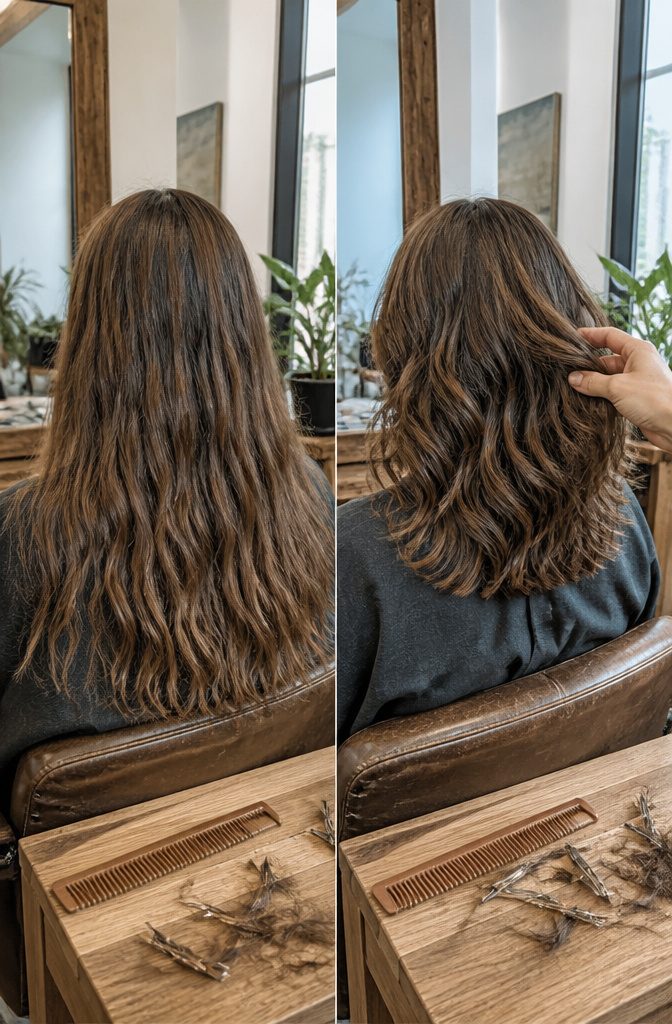 Shoulder-length layered wavy hair showing separated wave clumps