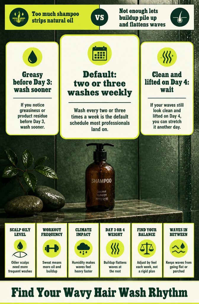 Wavy hair wash schedule beside shampoo and conditioner bottles