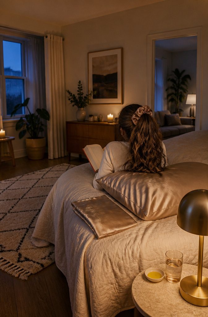 Shoulder-length wavy hair wrapped in satin for sleep